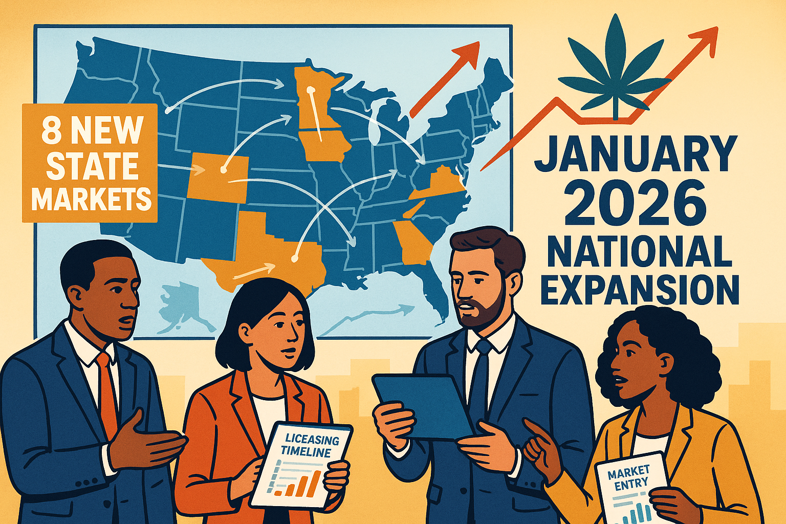 Map showing January 2026 cannabis state launches across Minnesota, Rhode Island, and New Jersey retail markets
