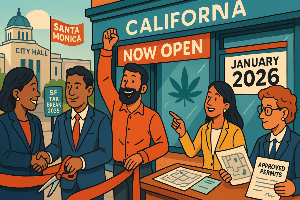 Business owner reviewing California cannabis retail license application forms - January 2026 opportunities