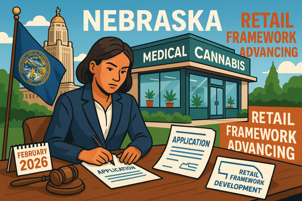 Nebraska Medical Cannabis Commission meeting room with officials reviewing dispensary licensing rules - January 2026 cannabis retail framework