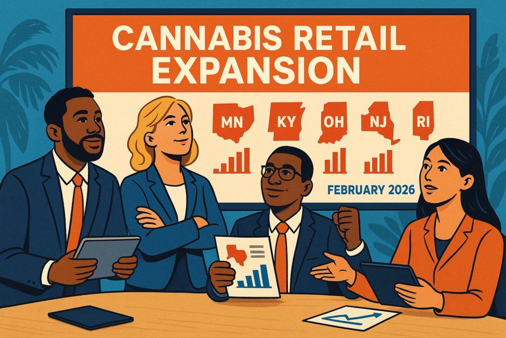 February 2026 cannabis retail expansion across five states with state abbreviations MN KY OH NJ RI