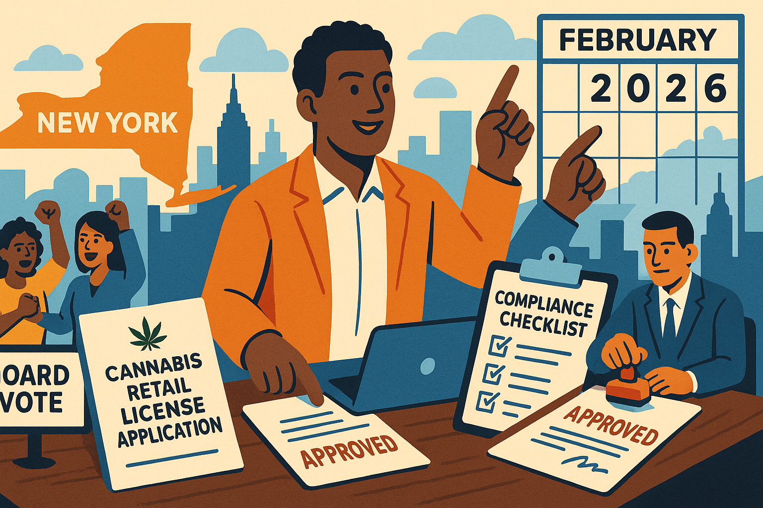 Business owner reviewing New York cannabis retail license application documents - February 2026 updates