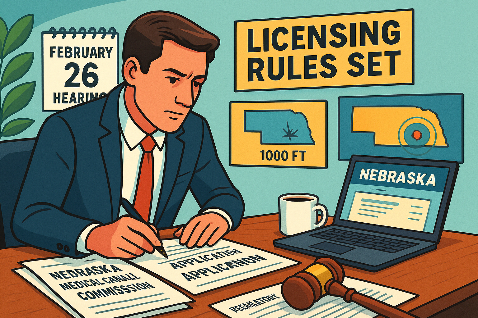Nebraska Medical Cannabis Commission hearing room with officials reviewing dispensary licensing regulations - February 2026