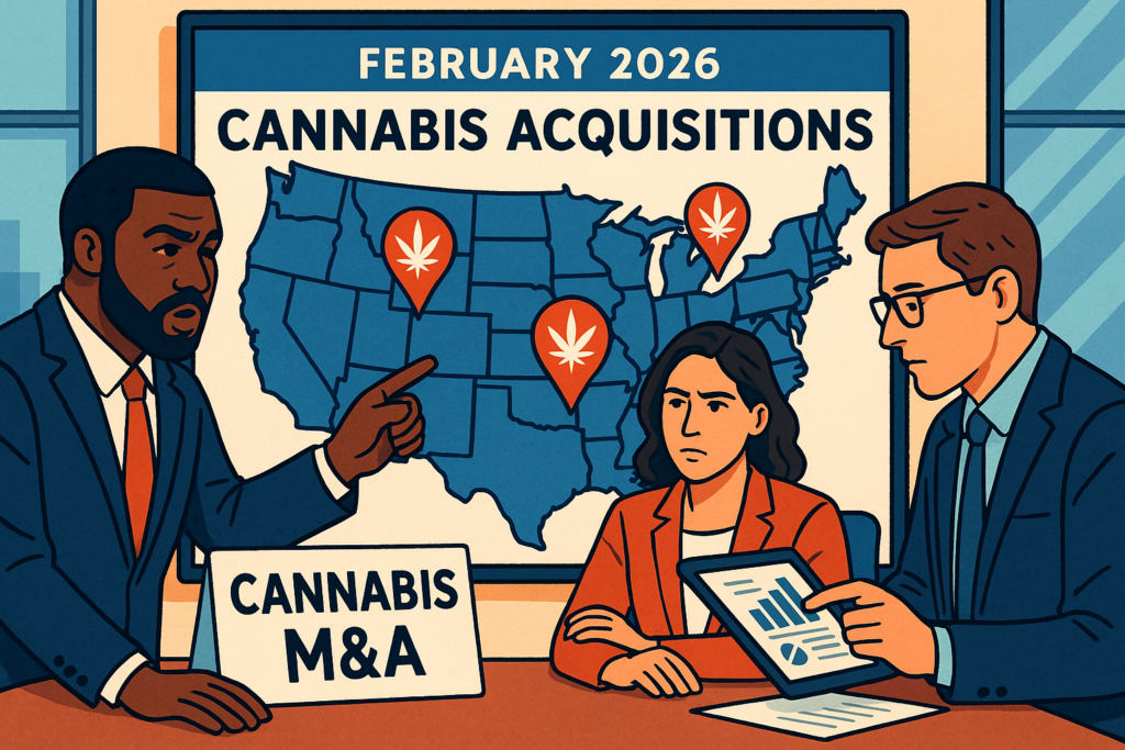 February 2026 cannabis acquisitions deal tracker map showing active US states