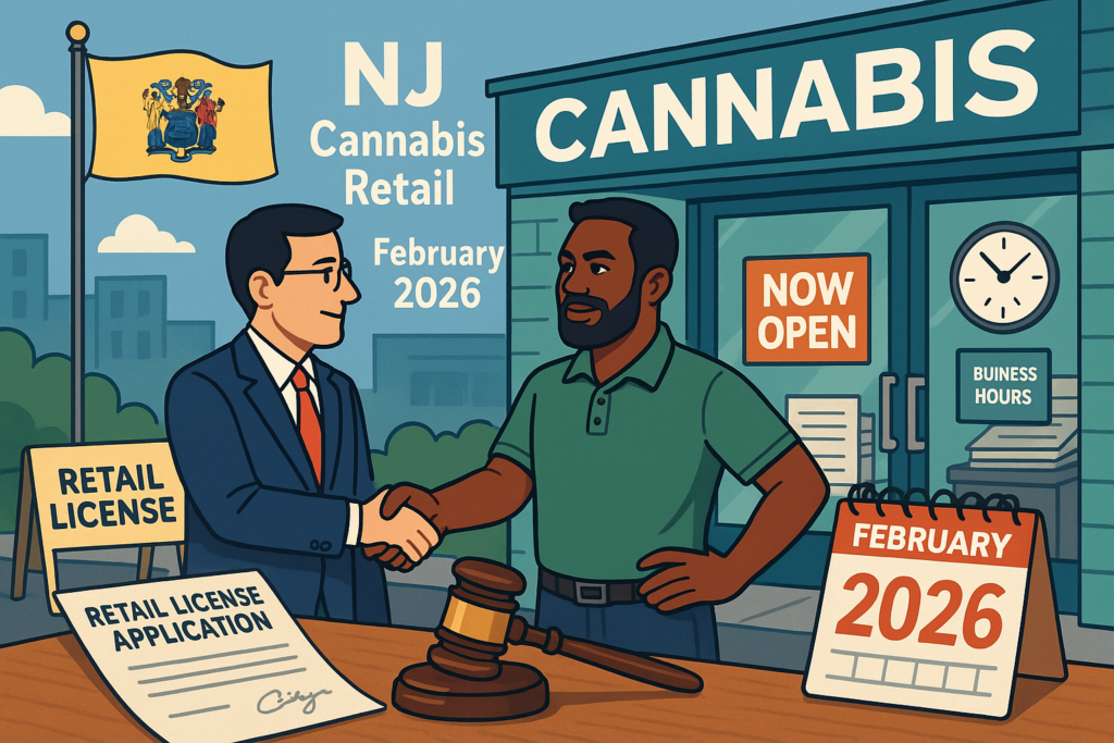 Newark dispensary storefront with open sign - New Jersey cannabis retail market expansion February 2026