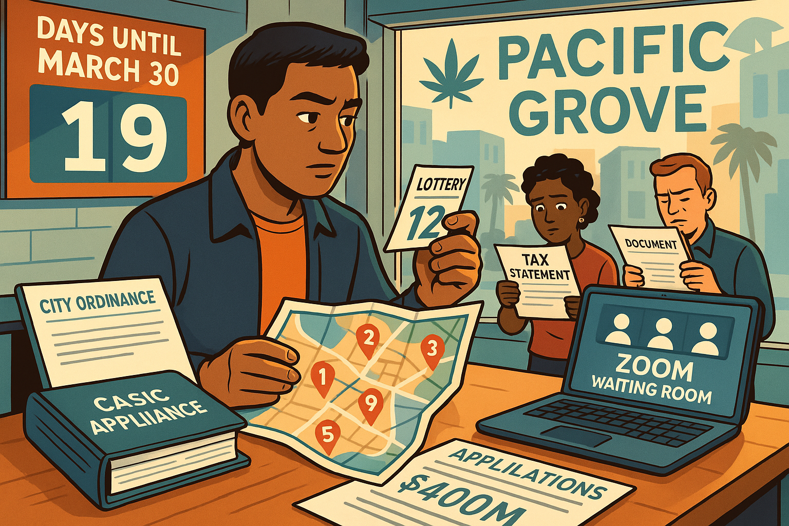 Business owner reviewing California cannabis retail license application at dispensary counter - March 2026