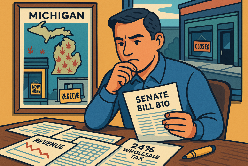 Michigan cannabis retail dispensary storefront with legislative tax documents - March 2026 market update