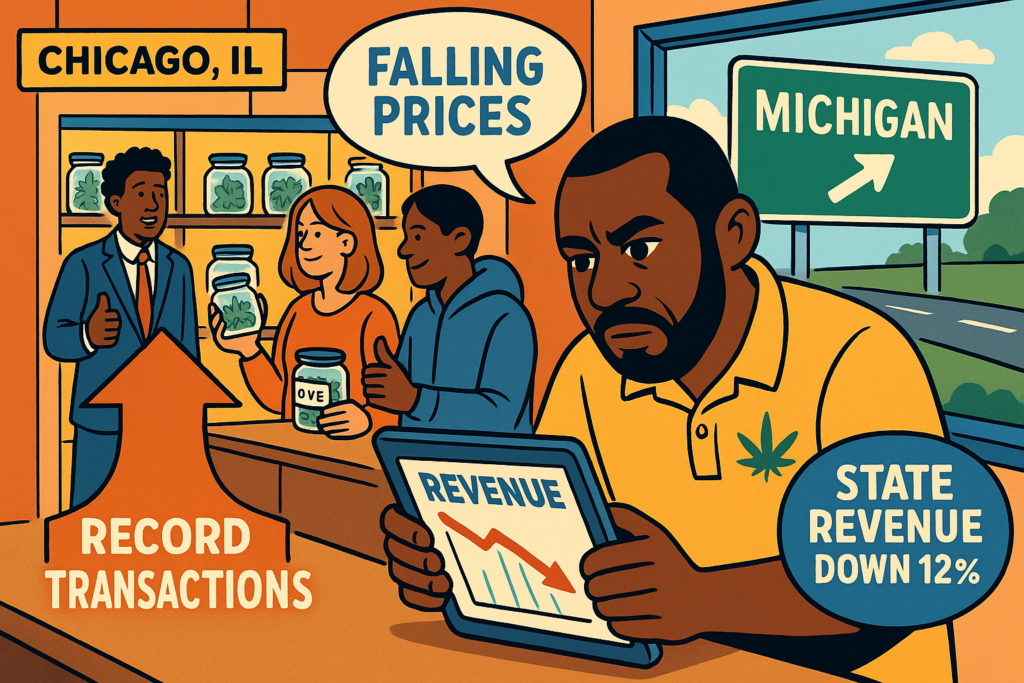 Illinois cannabis retail storefront with grand opening signage - March 2026 market expansion