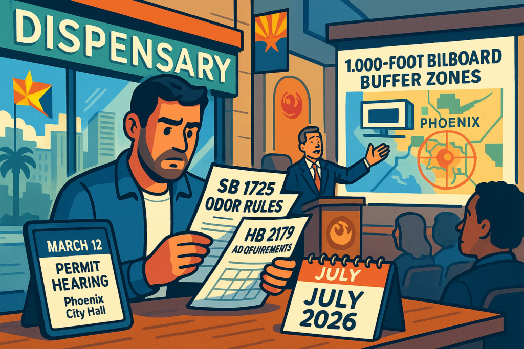 Arizona state capitol building with cannabis retail legislation pending - March 2026 regulatory updates