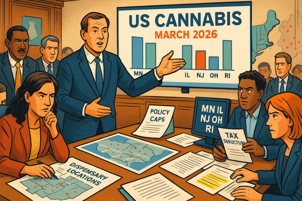 March 2026 cannabis state program launches and regulatory changes across multiple markets, Minnesota cannabis retail expansion with craft products hitting dispensary shelves statewide, New Jersey cannabis dispensary operators navigating municipal zoning and state enforcement actions, Rhode Island cannabis retail market facing federal commerce clause challenge and licensing uncertainty, Ohio cannabis state program implementing 400-dispensary cap after failed referendum challenge