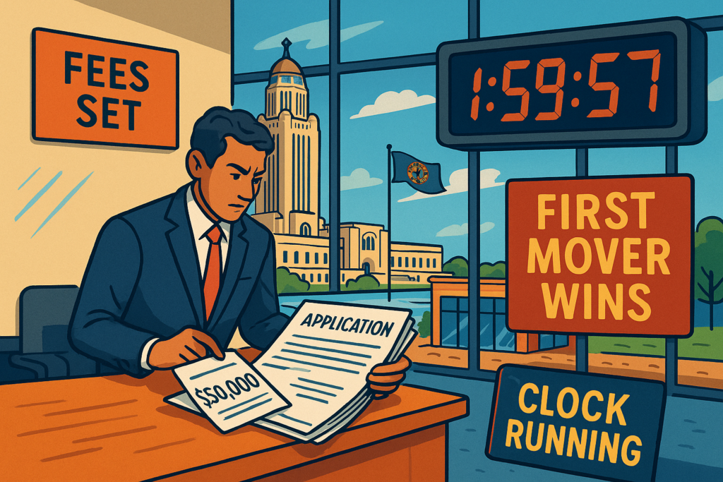 Nebraska cannabis retail license application documents with $50,000 fee cap - April 2026 market update