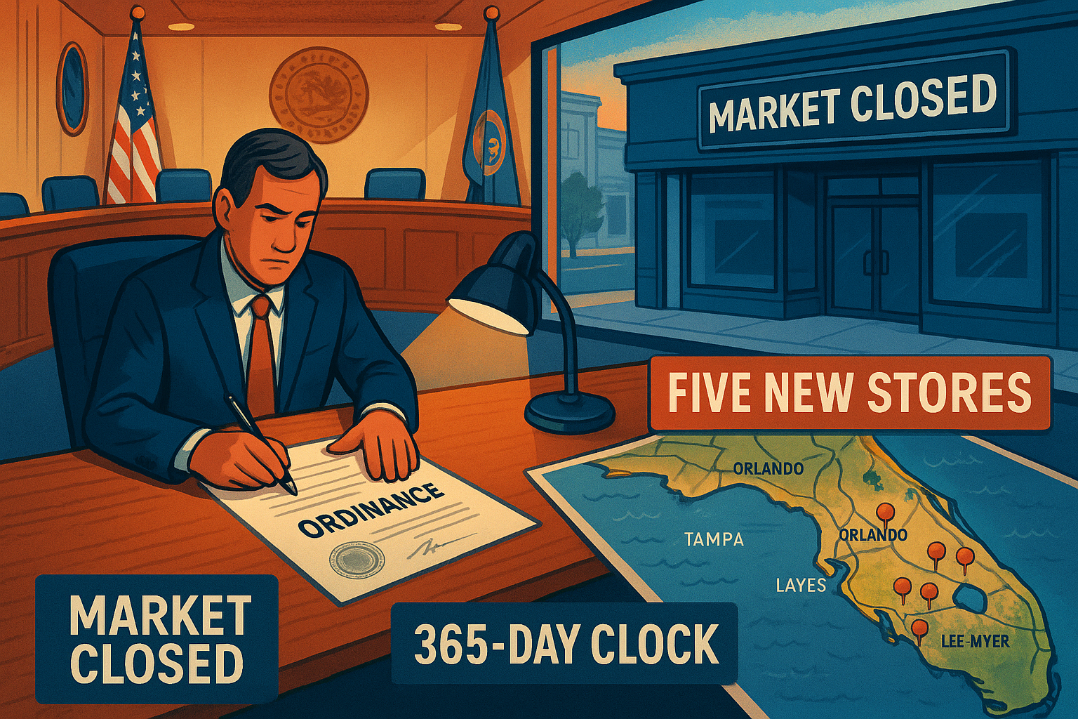 City commission gavel next to Florida cannabis retail ordinance document - Eustis dispensary ban April 2026