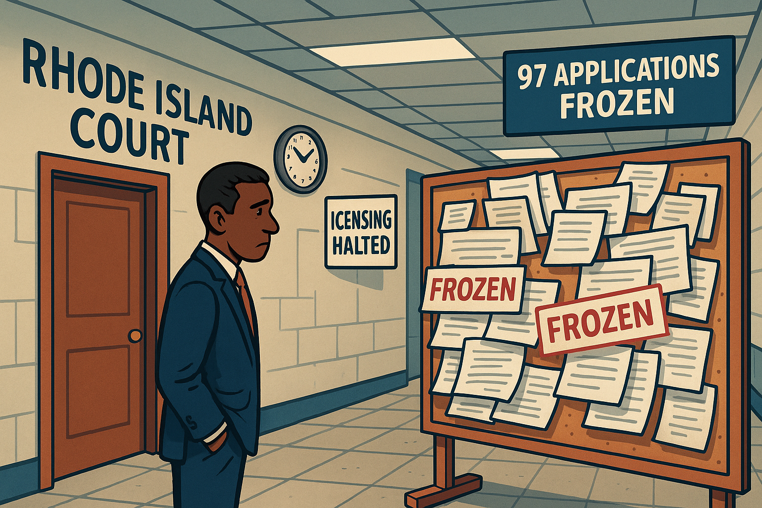 Rhode Island cannabis retail licensing freeze map showing 97 frozen applications - April 2026 federal injunction update