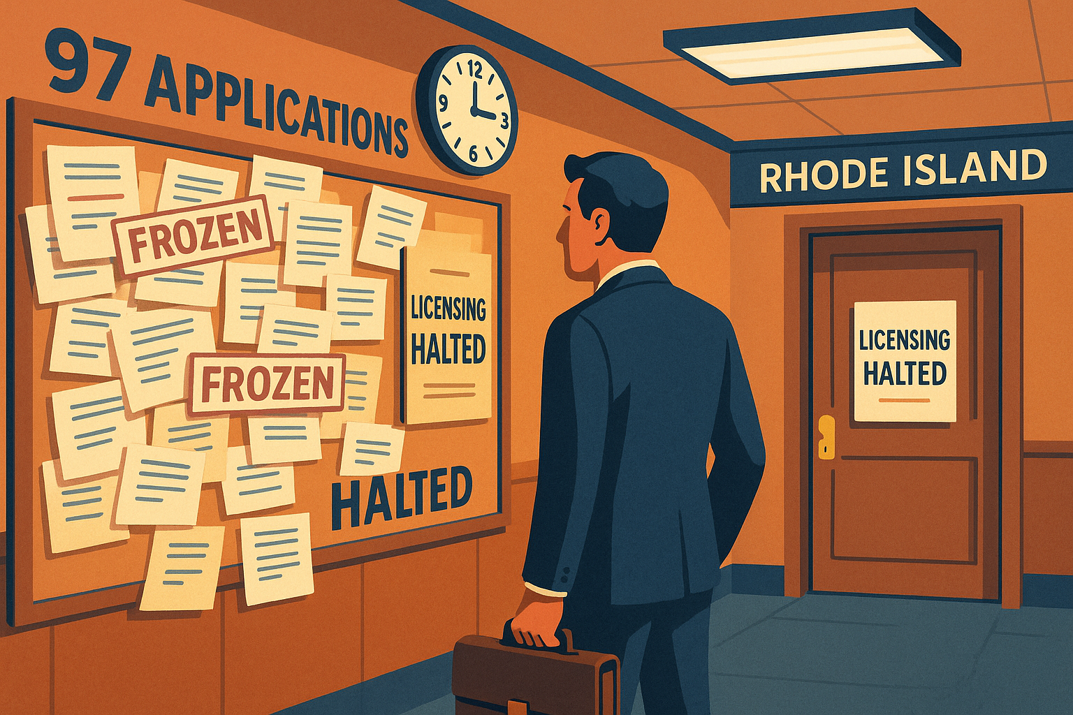 Rhode Island cannabis retail licensing freeze map showing 97 frozen applications - April 2026 federal injunction update