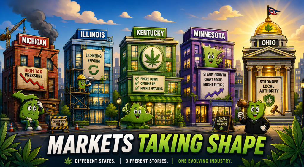 Map visualization showing May 2026 cannabis state programs launching across Michigan Illinois Kentucky Minnesota Ohio regions