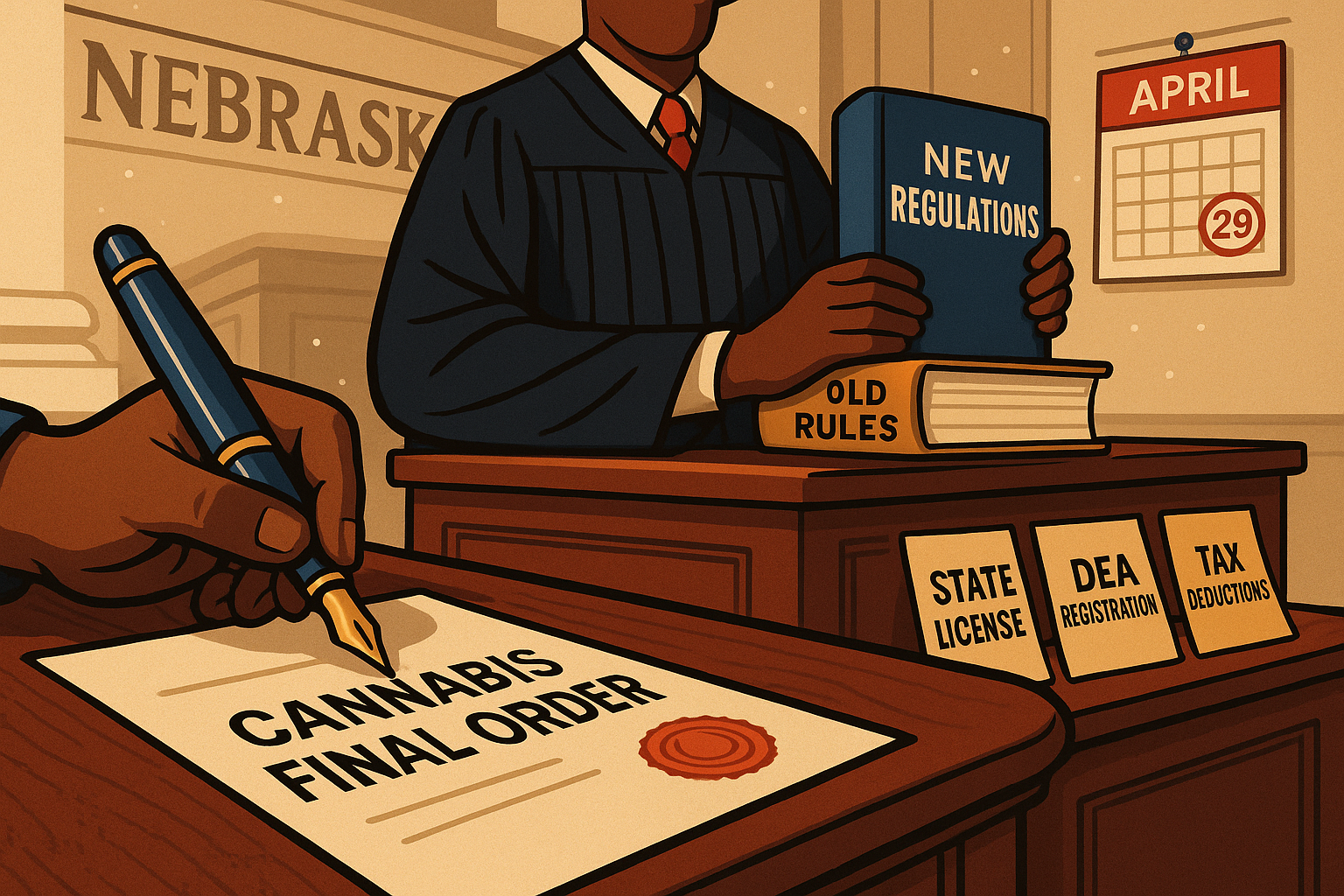 State capitol building with medical cannabis license documents and gavel representing Nebraska medical cannabis licensing rollout in May 2026.