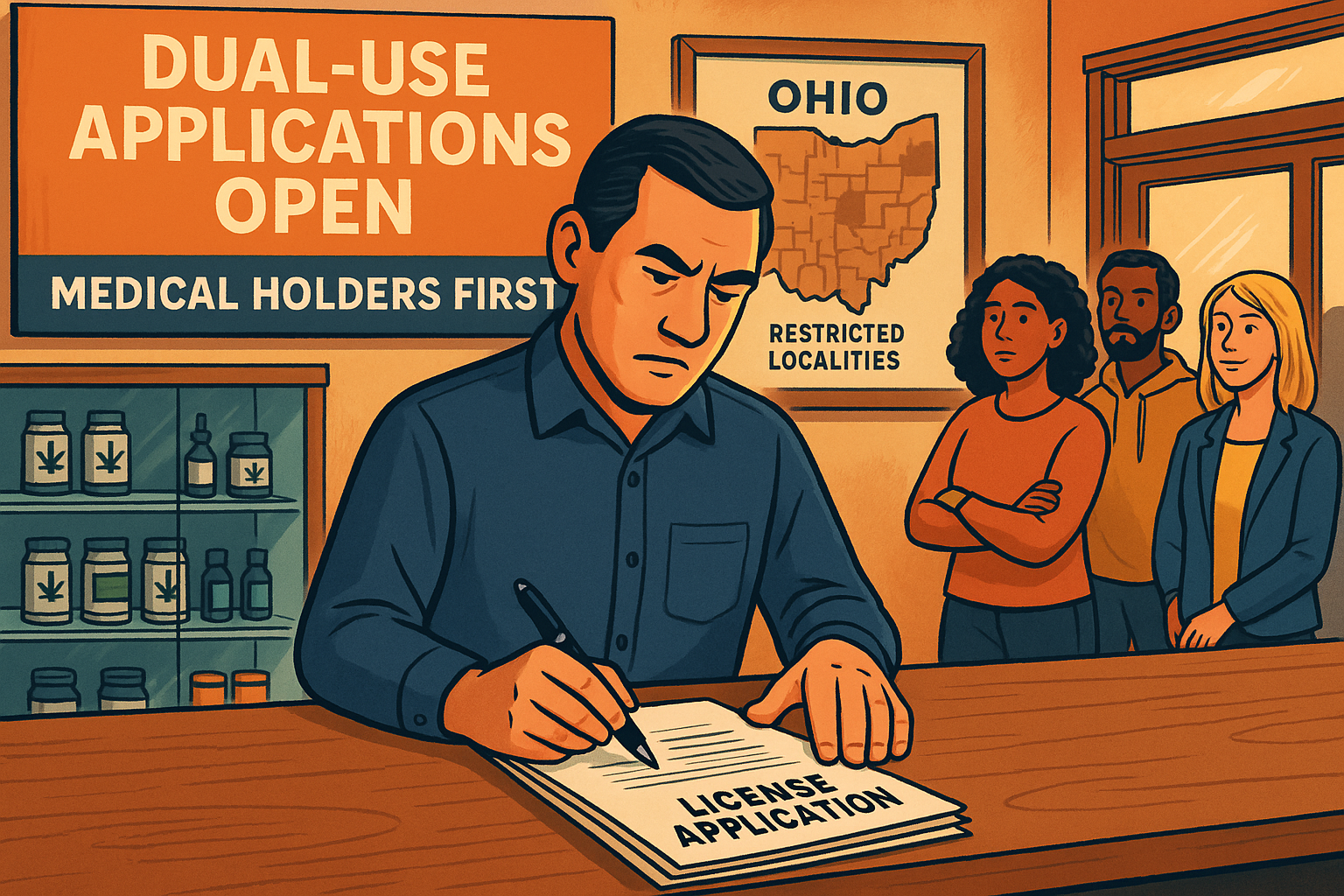 Ohio dispensary counter with applications and license documents - Ohio cannabis dual-use licensing rollout for medical operators