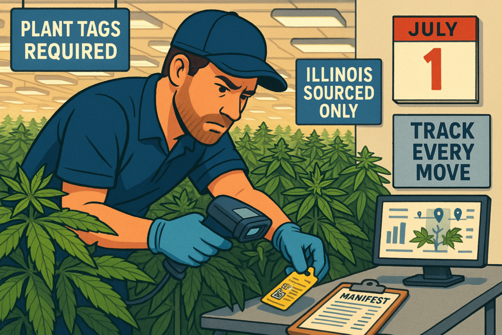 Cannabis cultivator scanning plant tags on tagged plants in a licensed grow room, Illinois cannabis plant monitoring system in use.