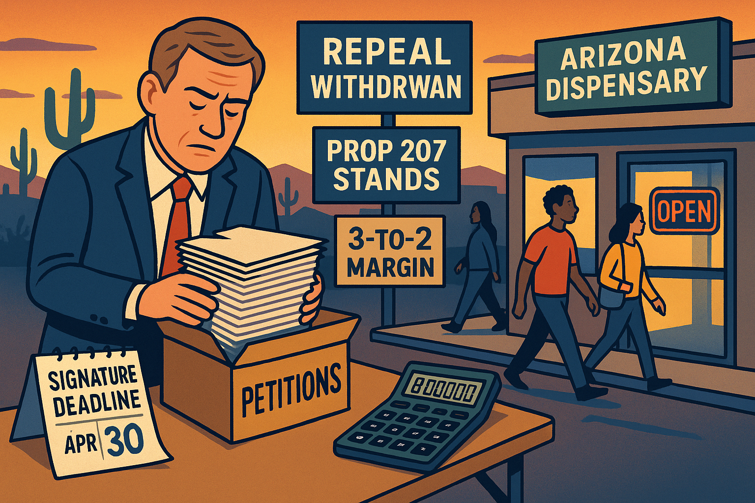 Conservative activist setting down a stack of repeal petitions outside an Arizona dispensary, signaling the end of the Arizona cannabis Proposition 207 repeal effort.