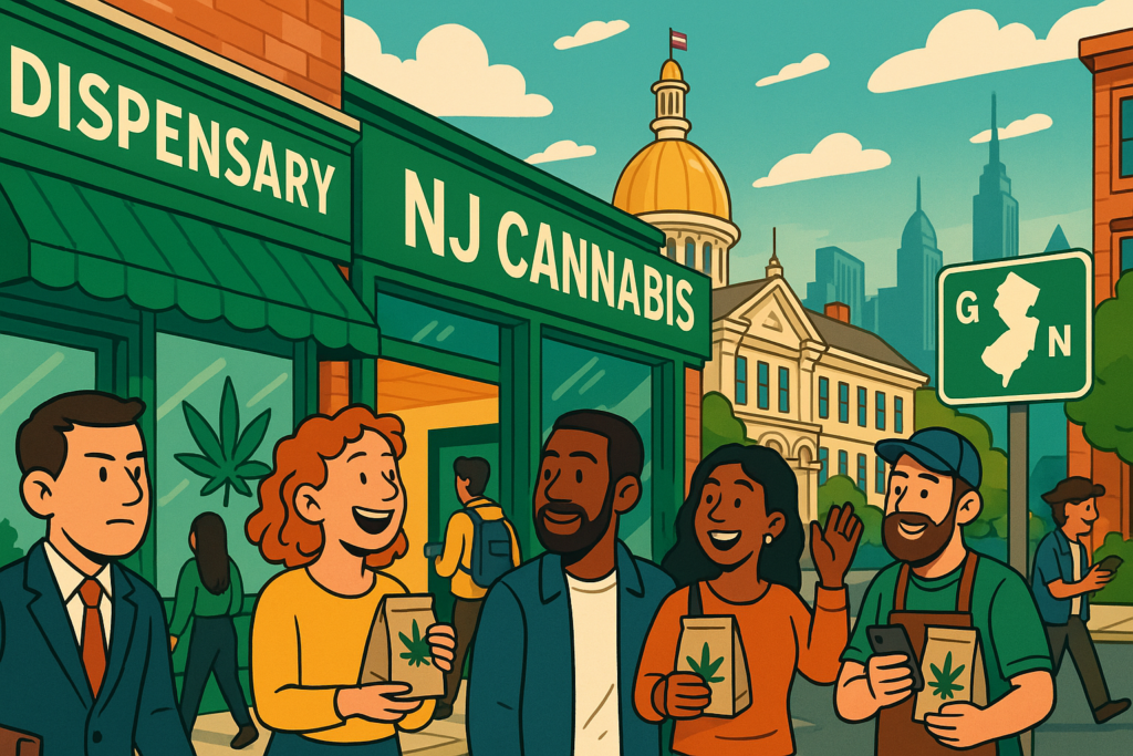 Restored historic bank building converted into a New Jersey cannabis retail May 2026 dispensary with ribbon cutting ceremony underway