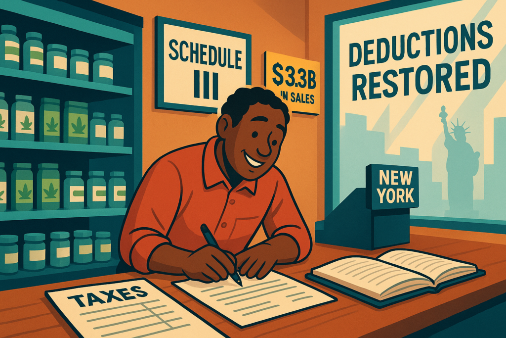 Cannabis dispensary owner reviewing tax documents at counter, New York cannabis 280E rescheduling guidance reshaping deductions and credits