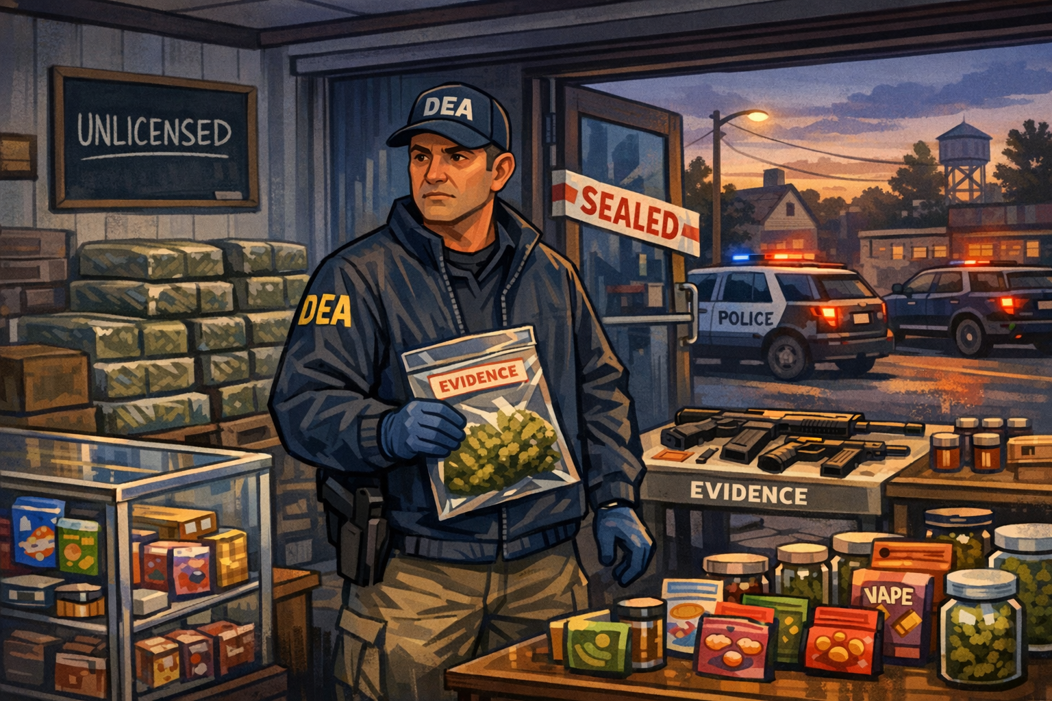 Federal agents seize cannabis products and firearms from a shuttered storefront during New York cannabis enforcement May 2026 sweep.