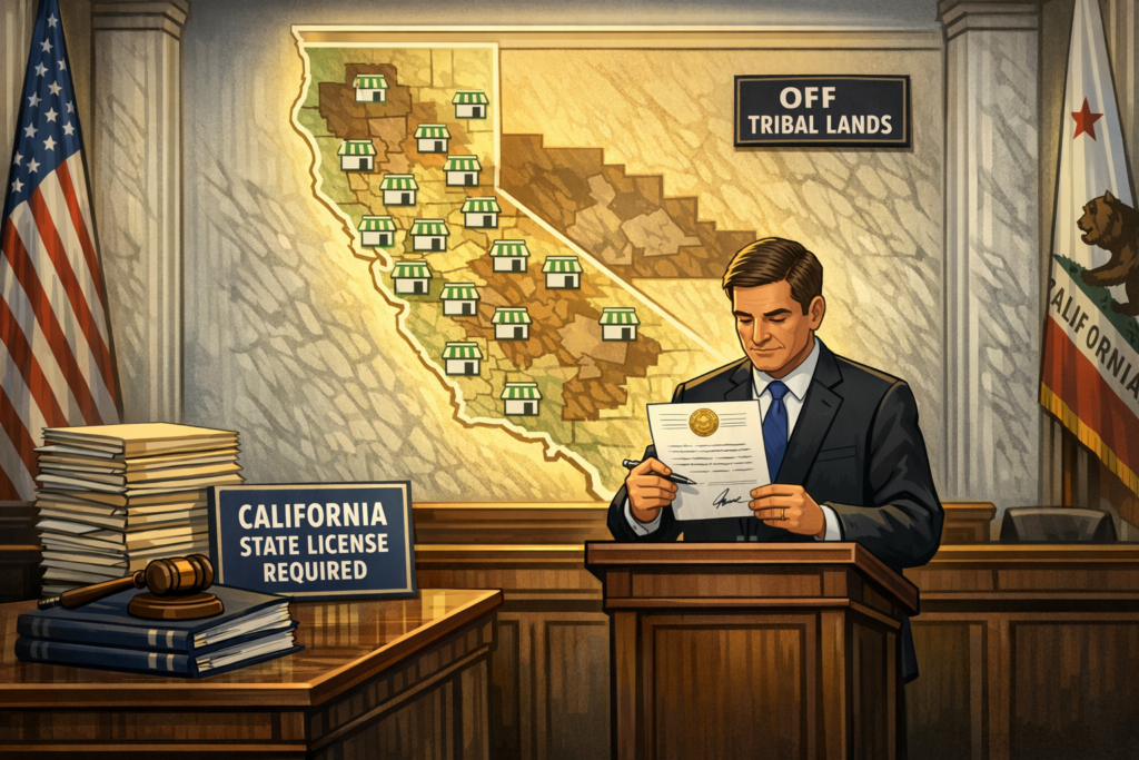 State capitol building with regulatory documents and licensing stamps illustrating California cannabis tribal licensing decision and oversight