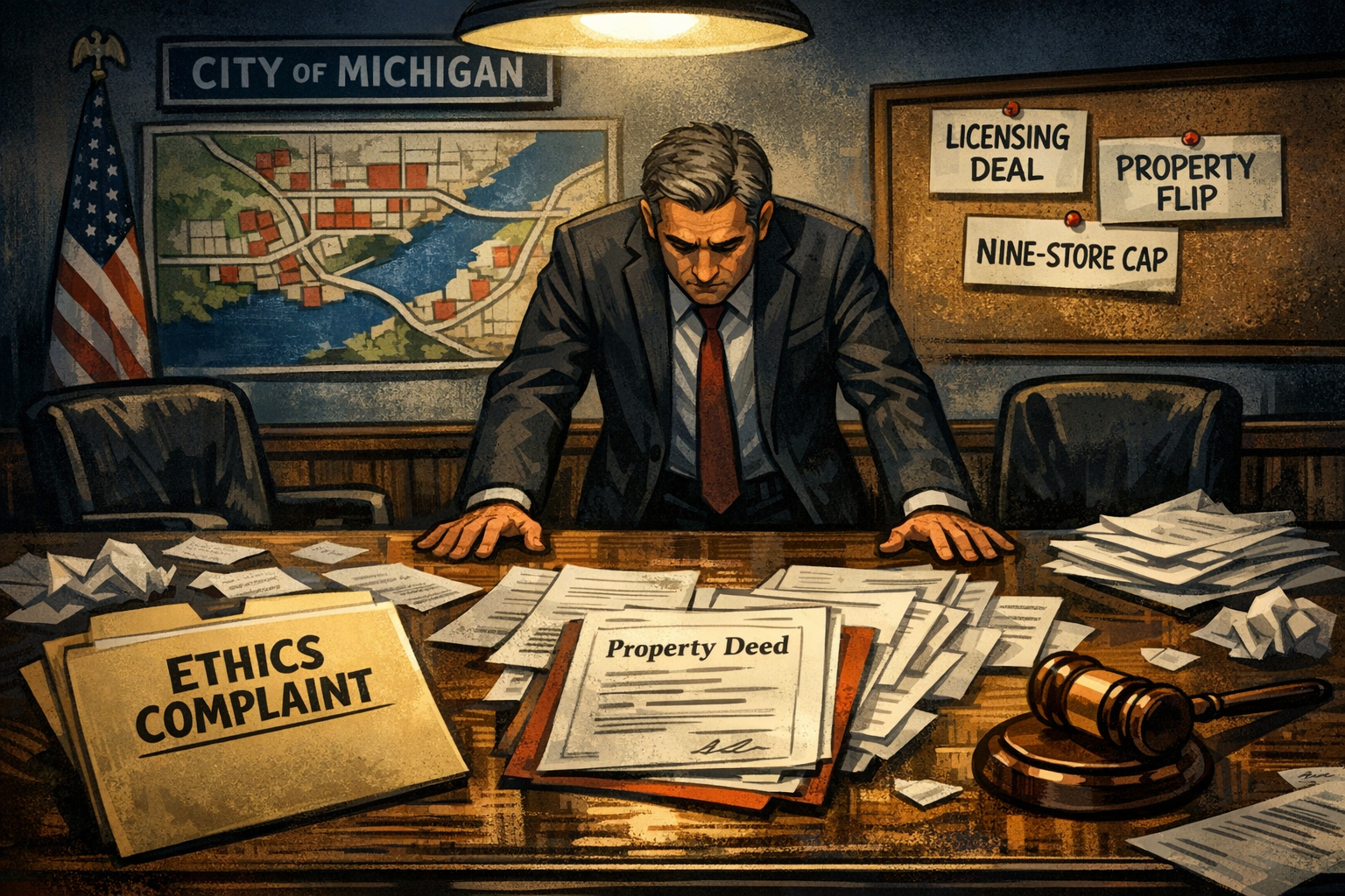 Michigan dispensary counter with sales charts and regulatory documents illustrating Michigan cannabis retail June 2026 market update