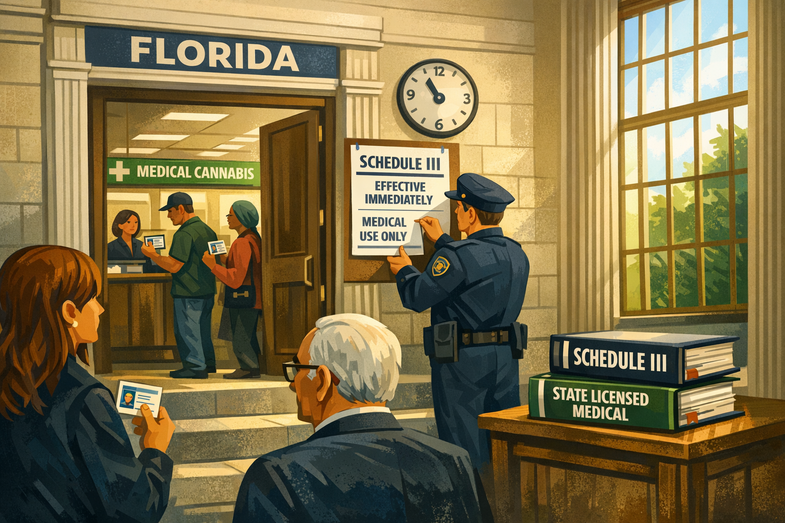 Federal courthouse steps with medical cannabis dispensary signage in background, Florida cannabis Schedule III rescheduling shifts compliance footing.