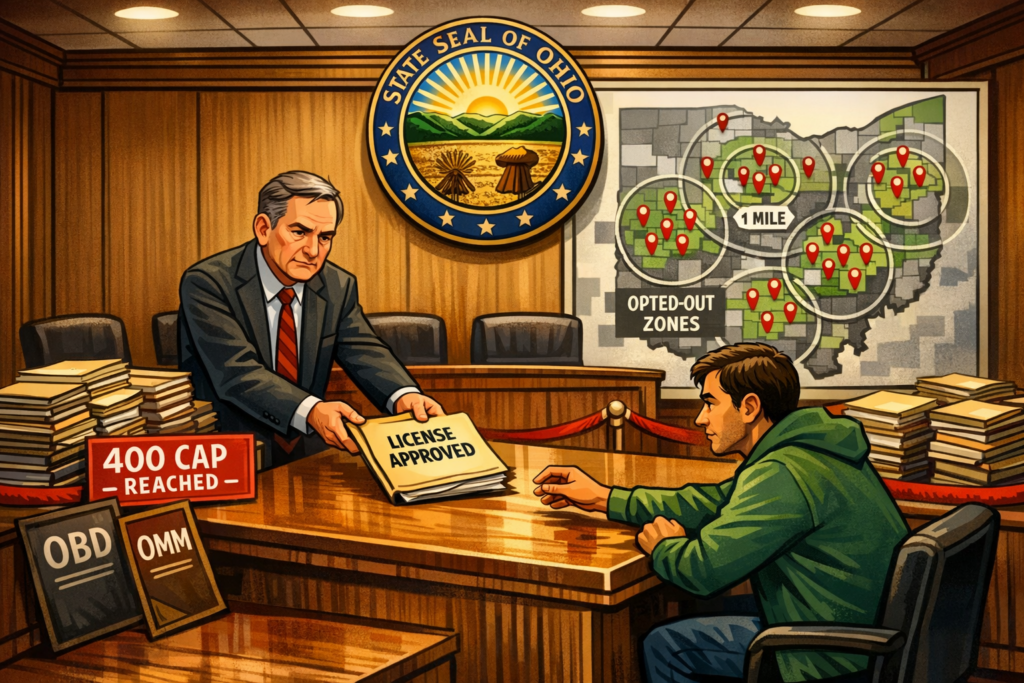 Ohio dispensary storefront with regulatory documents and state map, Ohio cannabis SB 56 dispensary cap reshaping the retail market