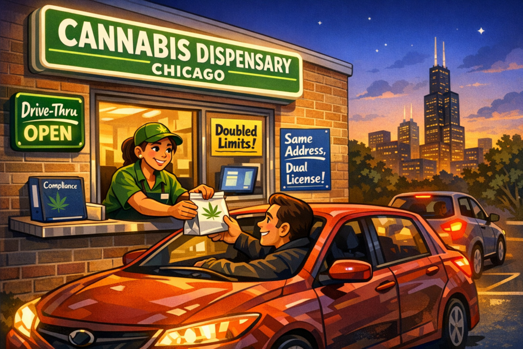 Illinois dispensary drive-through window with customer receiving cannabis order, illustrating Illinois cannabis SB 3222 retail changes June 2026