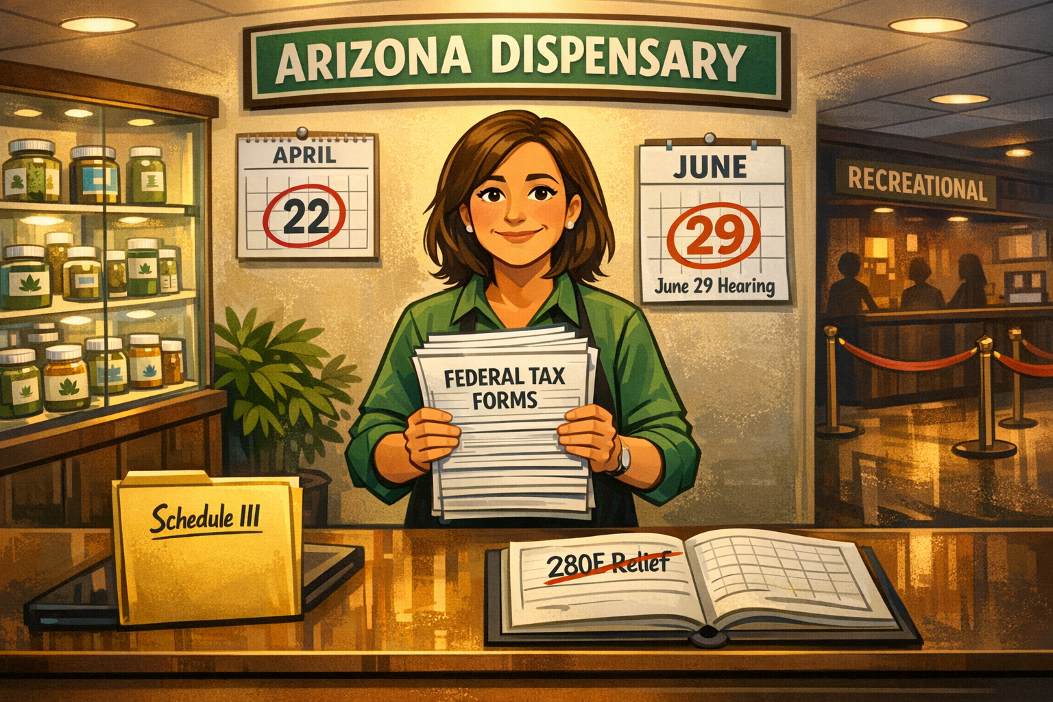 Arizona medical dispensary counter with tax documents and federal registration paperwork showing Arizona cannabis Schedule III rescheduling impact