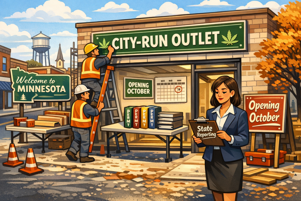 Minnesota cannabis licensing June 2026, retail storefront under construction with state regulatory paperwork stacked nearby