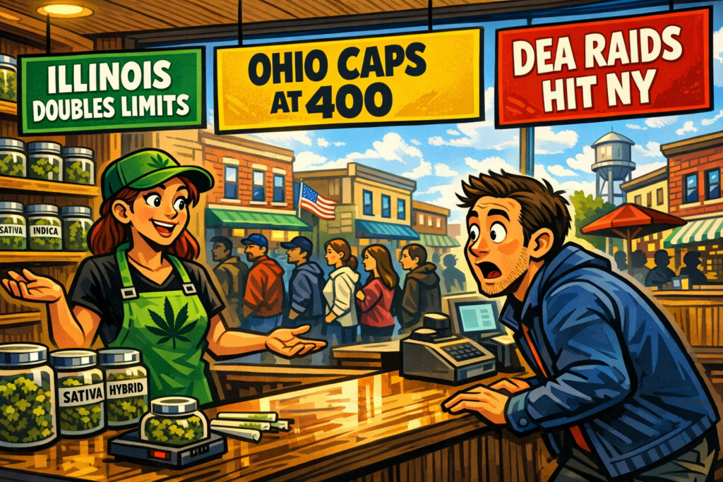 June 2026 cannabis state updates map showing Illinois Ohio and New York market shifts