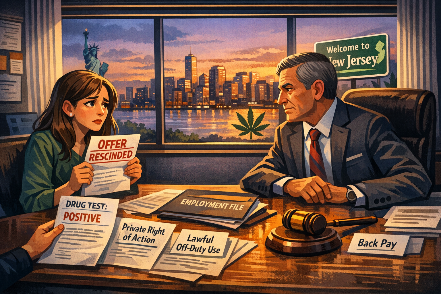 Job applicant reviewing rescinded offer letter with cannabis policy documents, New Jersey cannabis CREAMMA ruling reshaping employment law in 2026.