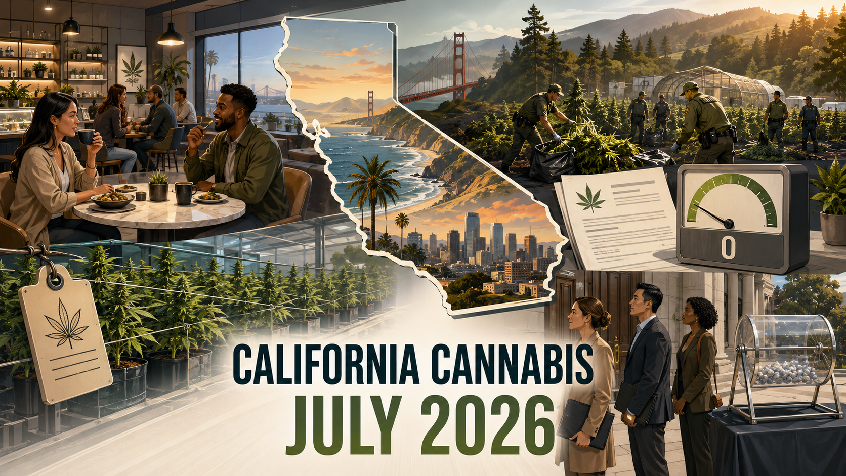 Cannabis cultivator holding grouped plant tags in a licensed greenhouse, California cannabis retail July 2026 regulatory update