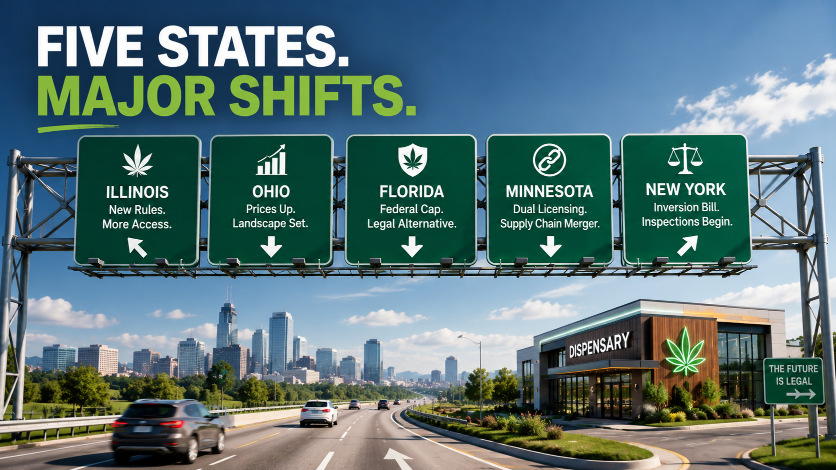 July 2026 cannabis state updates map showing Illinois Ohio and Florida retail activity