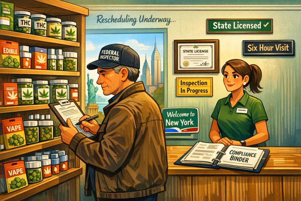 State capitol building with cannabis inspection team reviewing dispensary records, New York cannabis inversion enforcement takes shape in June 2026.