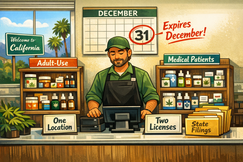 Cannabis retailer reviewing adult-use and medicinal license paperwork at a single dispensary counter, California cannabis dual-license rule in effect statewide.