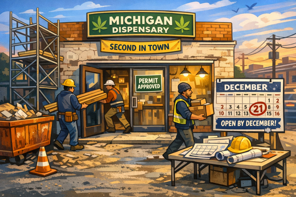 Michigan cannabis retail July 2026 storefront on Gratiot Avenue with contractors preparing dispensary space for opening.