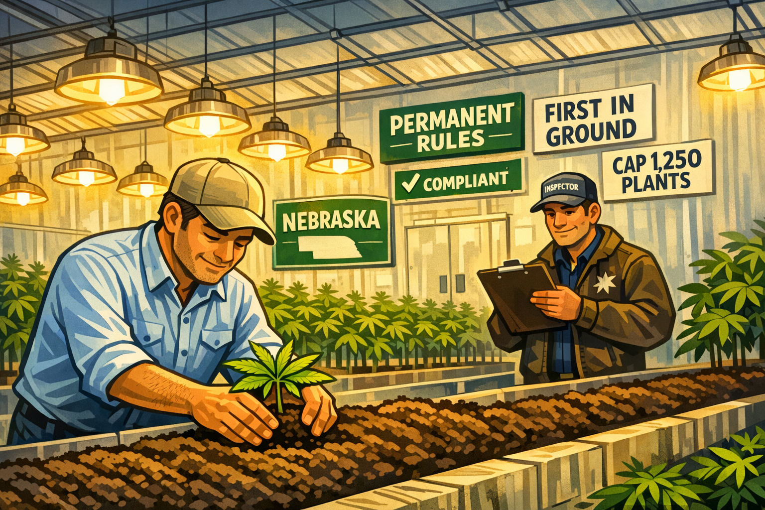 Nebraska state capitol with cannabis cultivation greenhouse in foreground, illustrating Nebraska medical cannabis regulations taking permanent effect.
