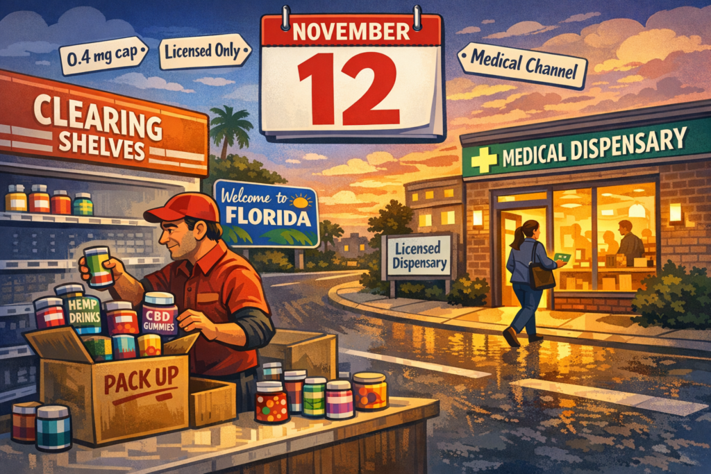 Florida dispensary counter with patient consultation as hemp products vanish from shelves, Florida cannabis hemp THC cap reshaping retail.