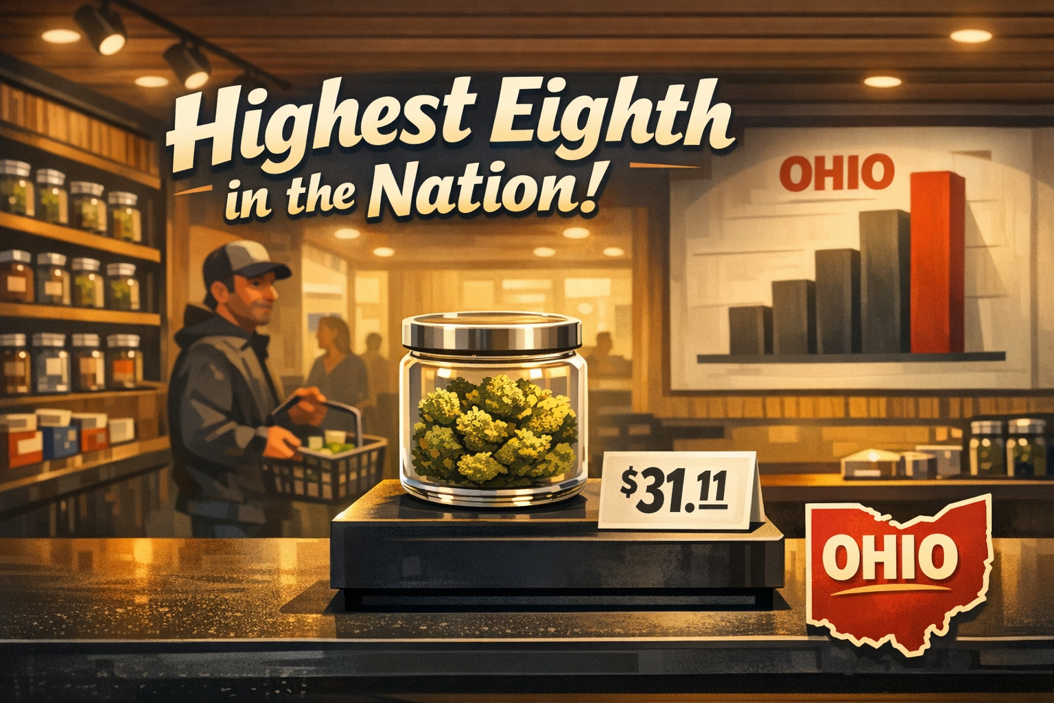 Cincinnati dispensary shelf stocked with pre-roll jars and flower eighths, Ohio cannabis retail July 2026 pricing signage visible above the counter.