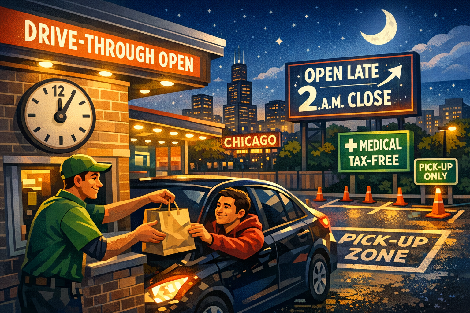 Illinois cannabis dispensary drive-through lane at night under new SB 3222 rules extending hours to 2 a.m. across the state.