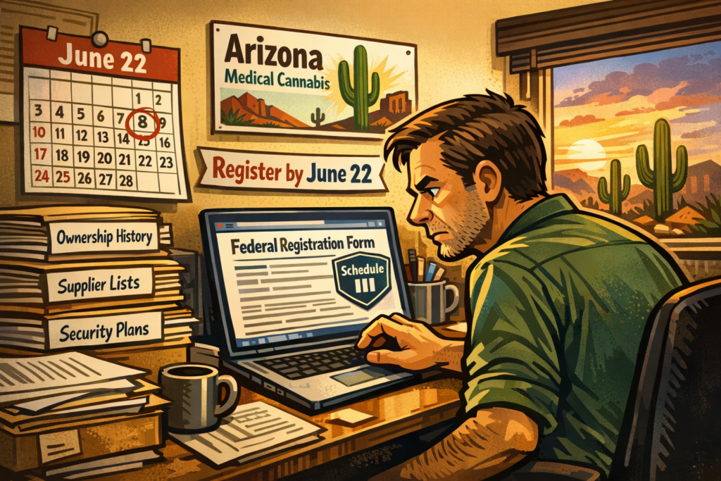 Medical marijuana licensee at desk completing federal registration paperwork, Arizona cannabis Schedule III registration deadline approaching
