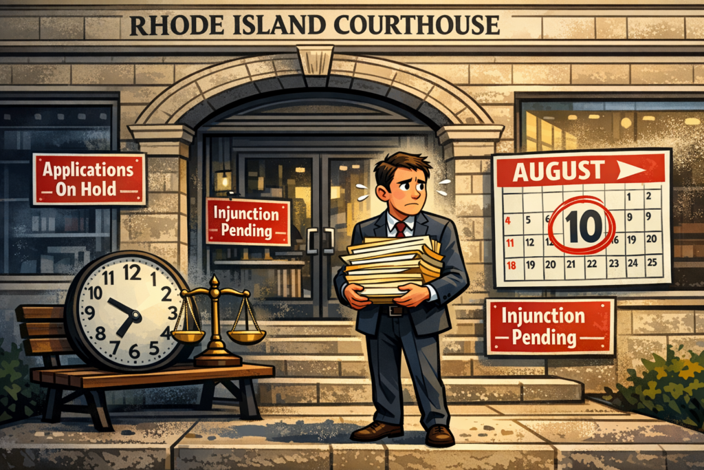 Courthouse steps with paused Rhode Island cannabis retail licensing applications and a shuttered storefront awaiting permits and an injunction ruling