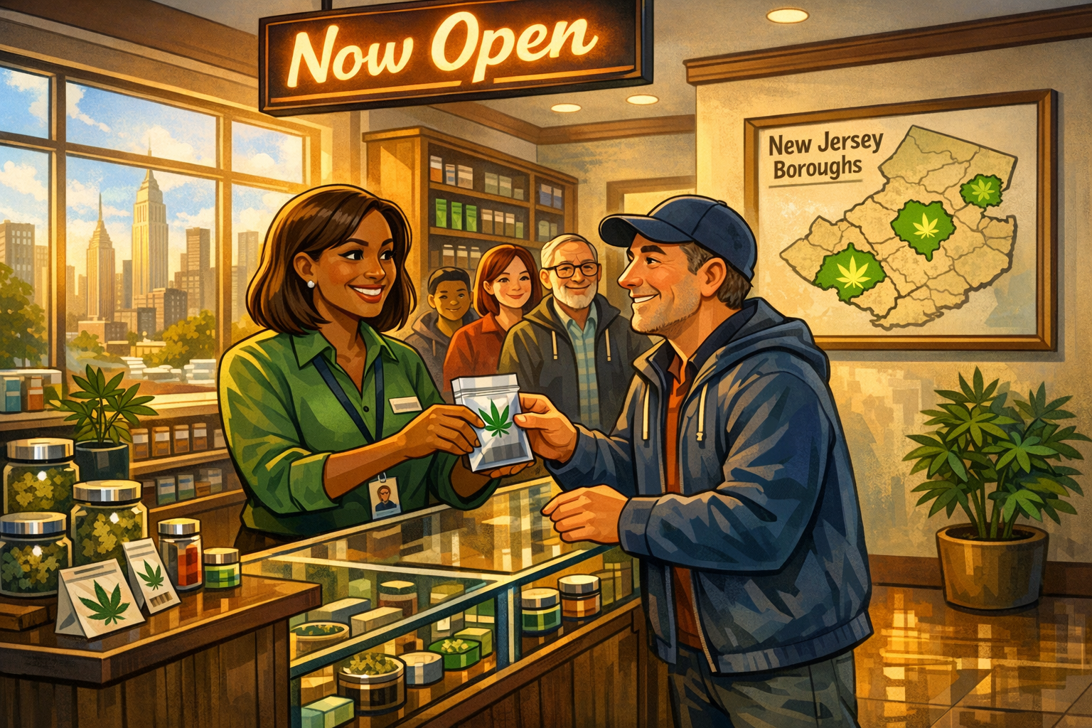 Dispensary staff assisting customers at a New Jersey cannabis retail July 2026 storefront with adult-use product displays and signage.
