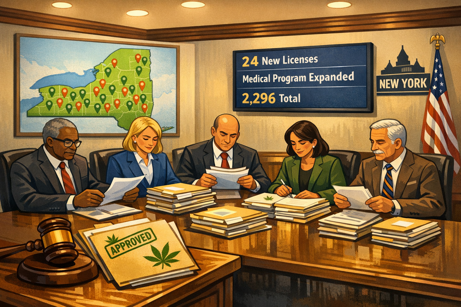 Cannabis Control Board members reviewing licensing documents at a July meeting, New York cannabis retail July 2026 update.