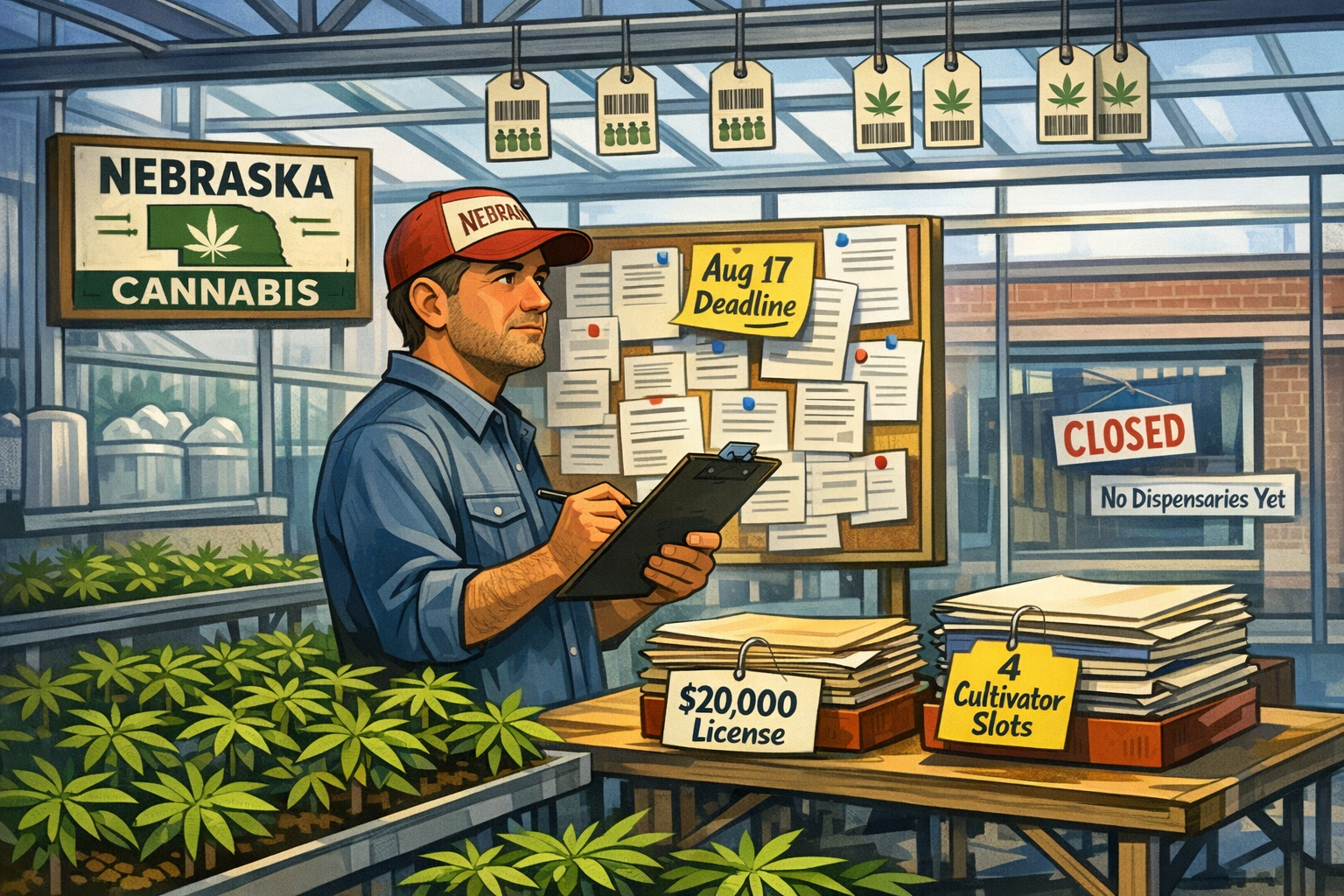 Cultivator reviewing paperwork inside a greenhouse as Nebraska cannabis licensing fees and dispensary rules take shape statewide.