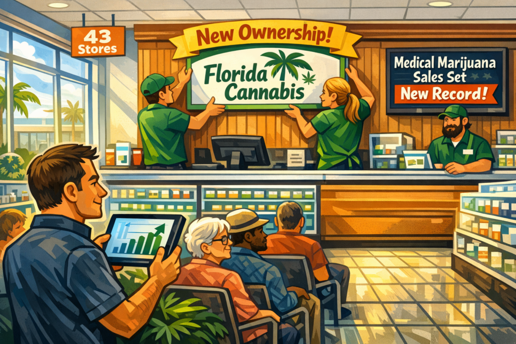 Row of Florida cannabis dispensaries changing ownership signs, reflecting Florida cannabis dispensary consolidation in summer 2026.