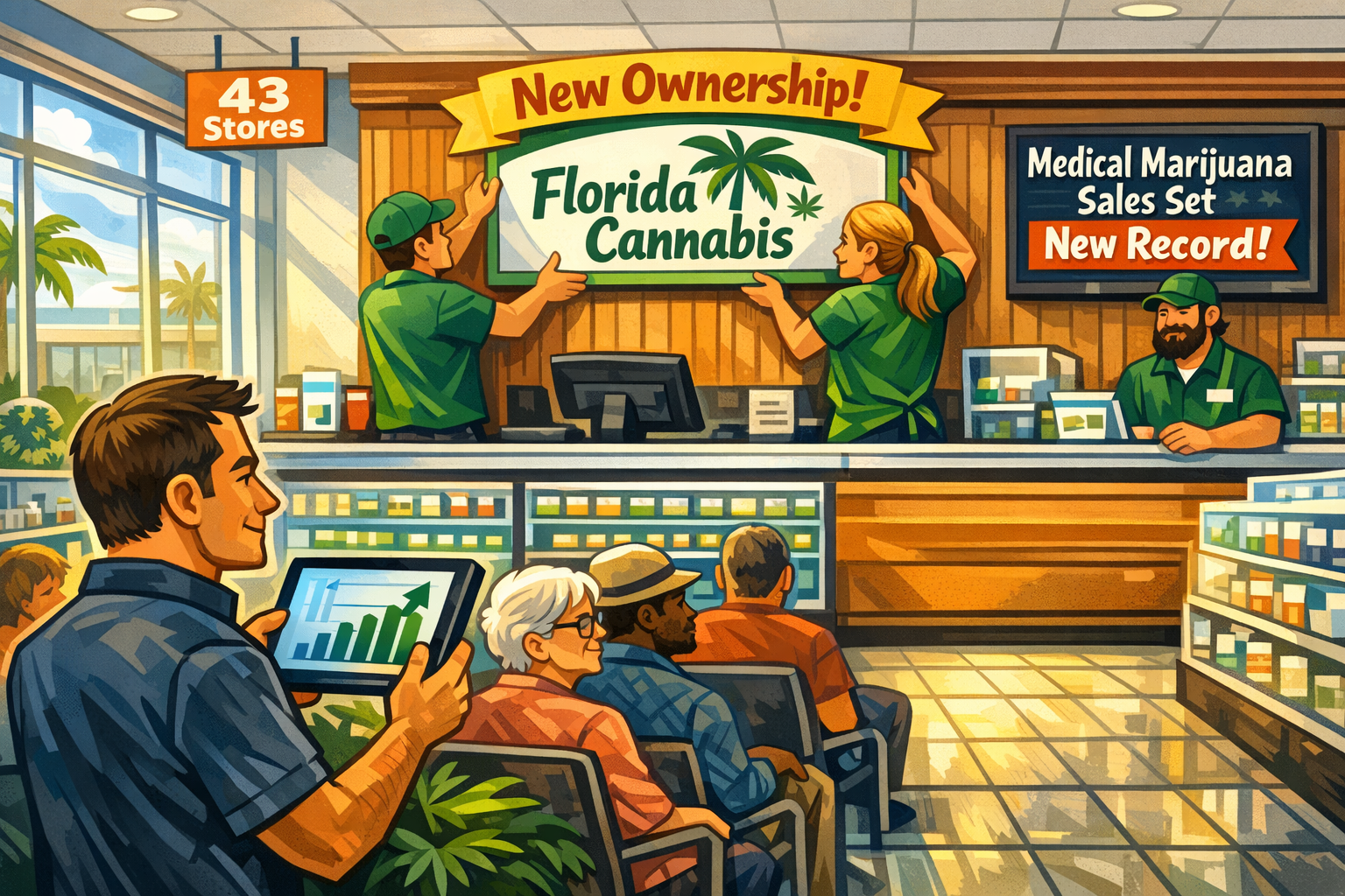 Row of Florida cannabis dispensaries changing ownership signs, reflecting Florida cannabis dispensary consolidation in summer 2026.